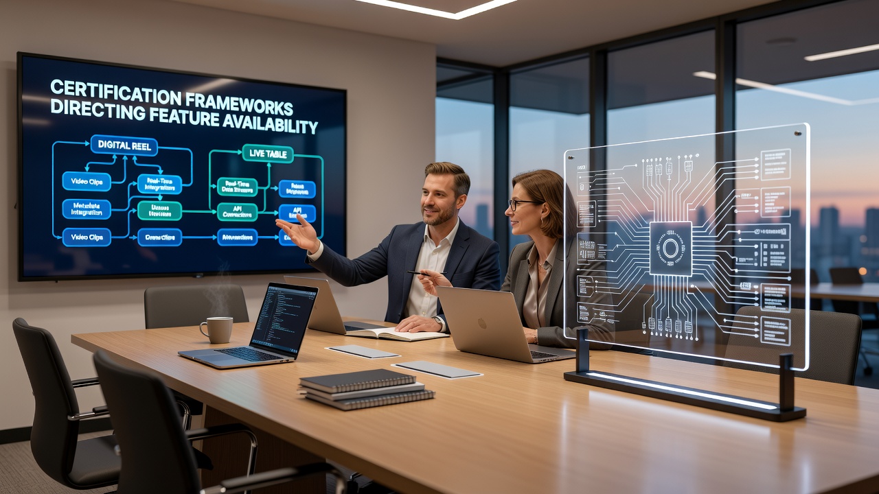 Certification seals and regulatory documents displayed alongside digital slot reels and live dealer table interfaces in a hybrid gaming environment