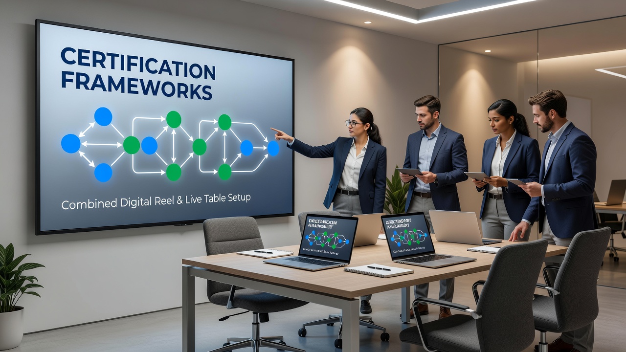 Live dealer studio connected to online slot interface showing certified feature controls and regulatory compliance markers