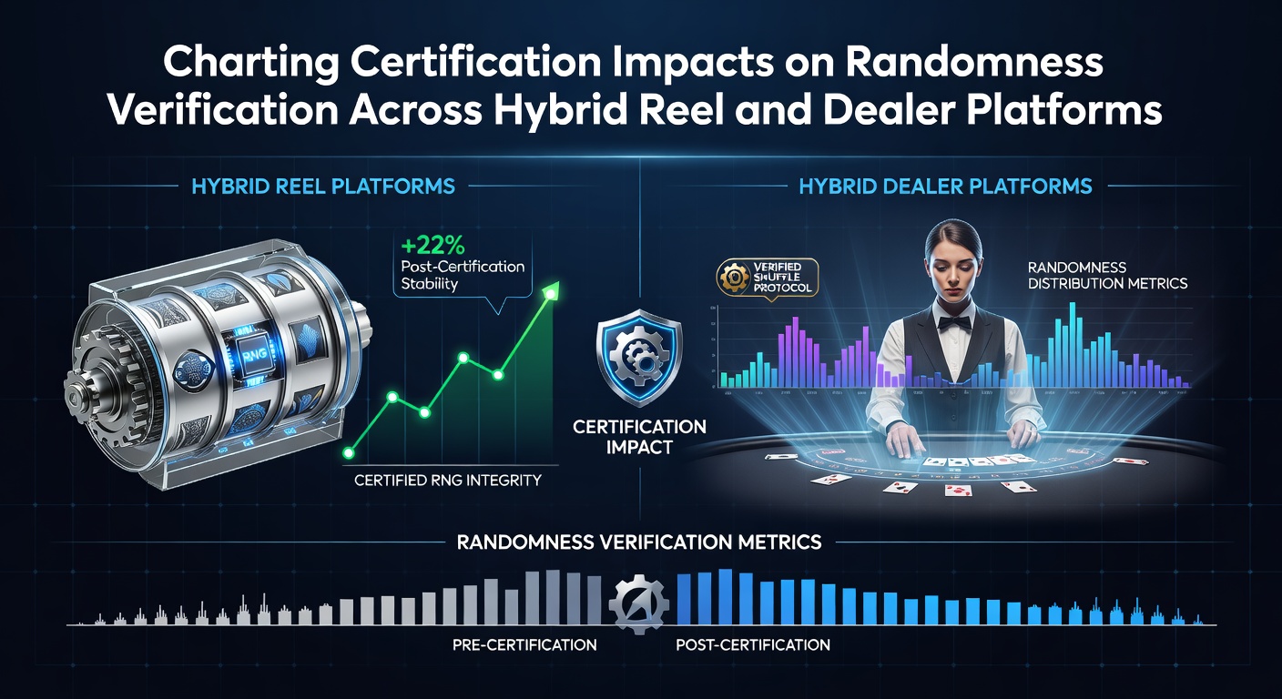 Hybrid reel and live dealer platform interface showing certified randomness verification tools