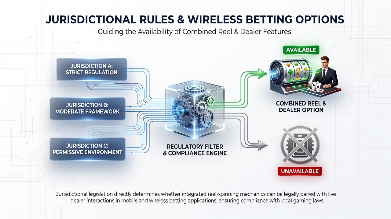 Mobile app dashboard displaying geofenced reel and live dealer options under different regulatory zones