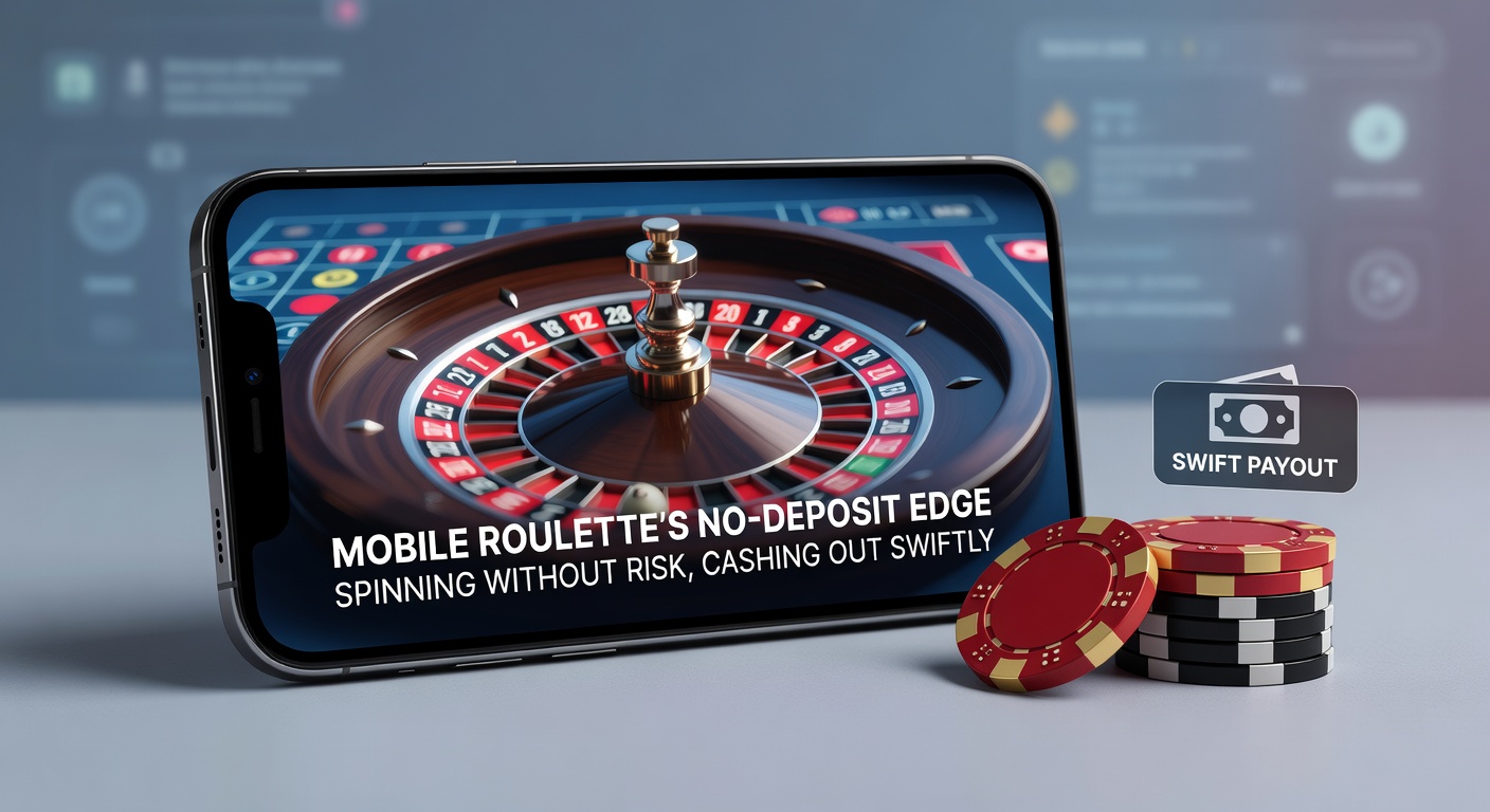 Vibrant mobile roulette wheel spinning on a smartphone screen with no-deposit bonus overlay highlighting free spins and quick cashout options