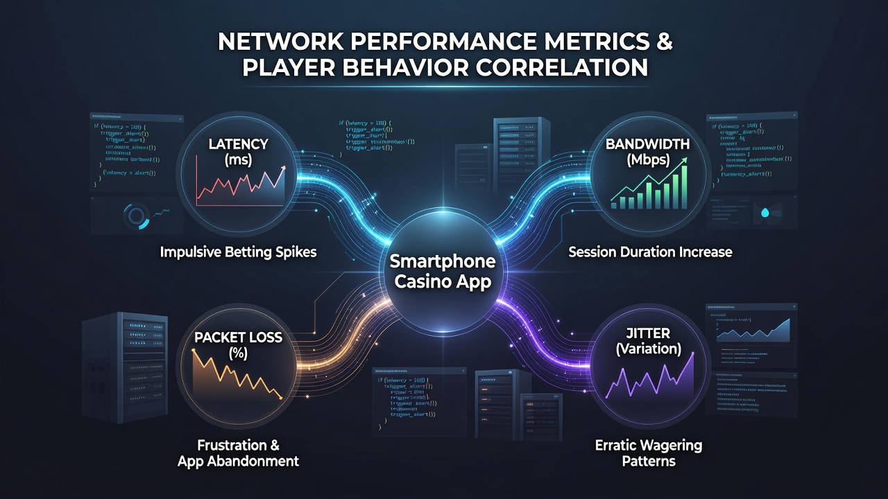 Graph overlay showing latency spikes aligned with drops in active player sessions within a casino application dashboard