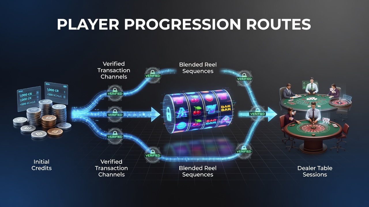 Illustration of player credit flows from verified deposits into integrated slot reels and live dealer tables