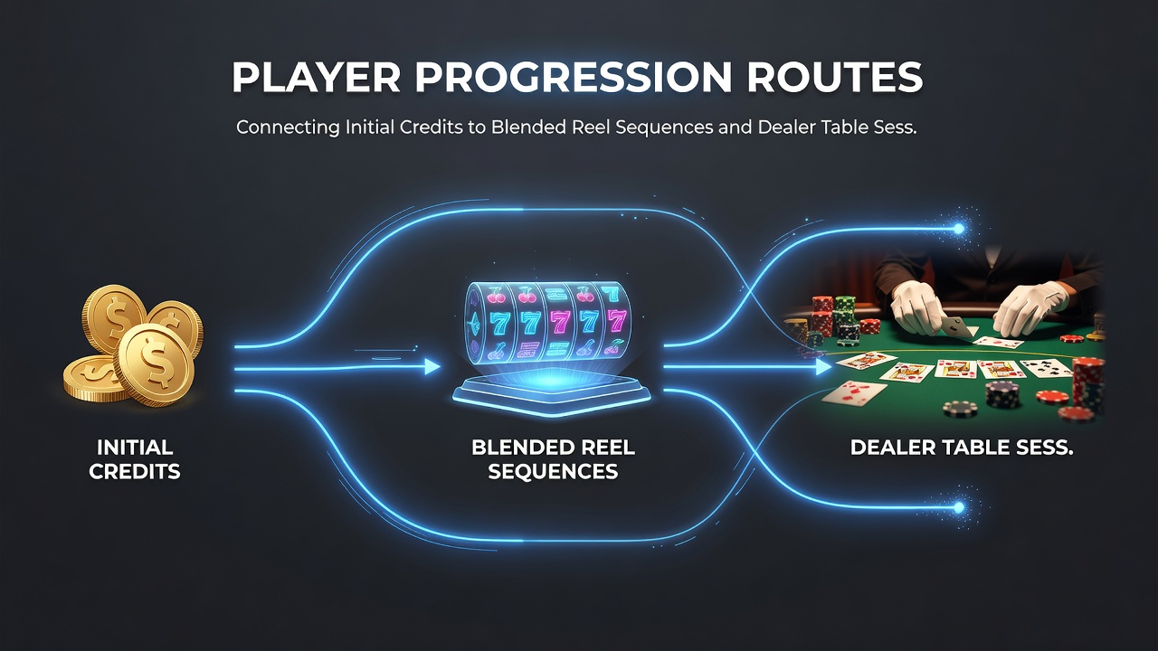 Diagram showing credit movement between slot reels and live dealer blackjack tables through verified channels