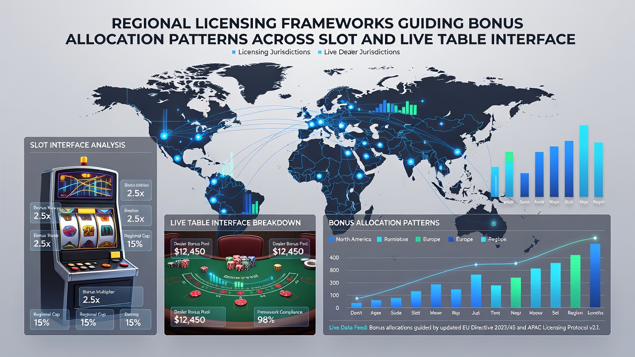 Comparison charts showing bonus allocation ratios between slots and live tables under different regional licenses