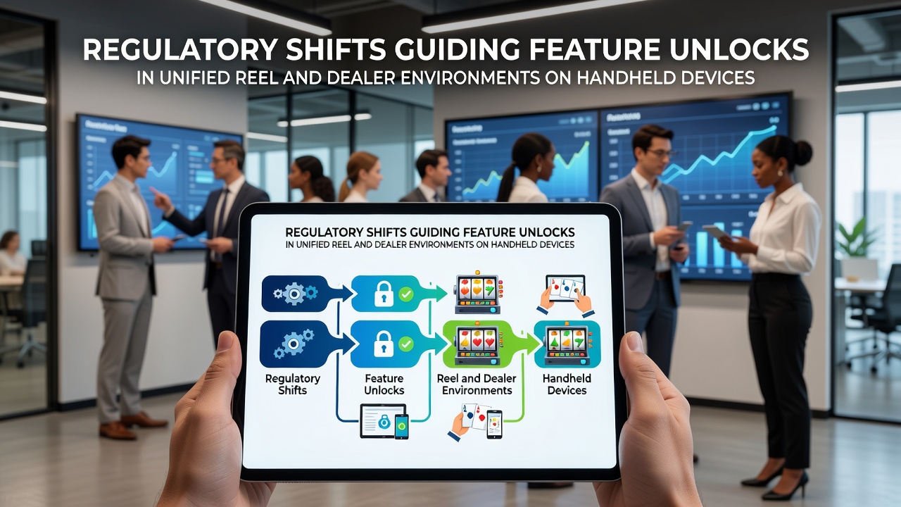 Regulatory framework diagrams displayed on mobile screens showing reel and live dealer integration controls