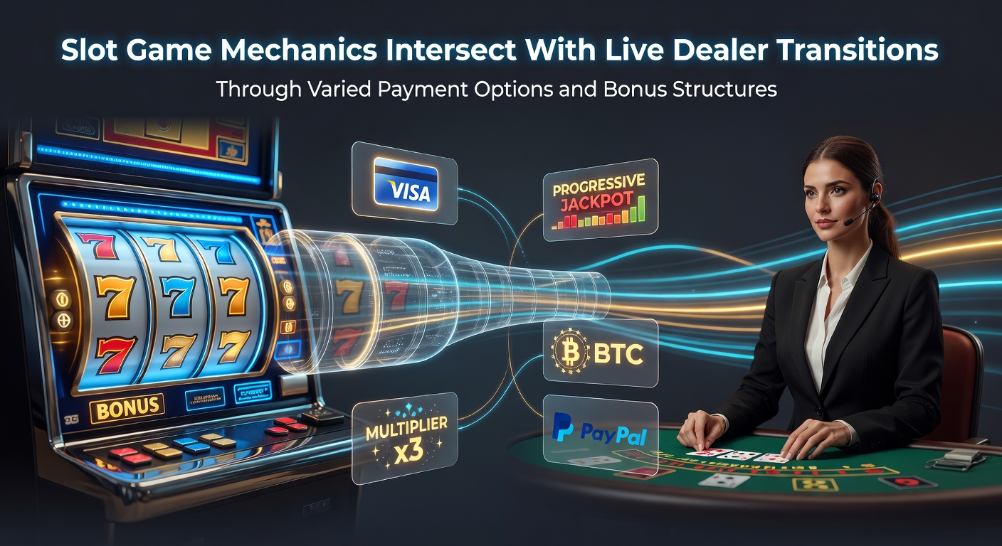 Slot reels spinning alongside live dealer tables with payment icons and bonus symbols overlayed in a digital casino interface